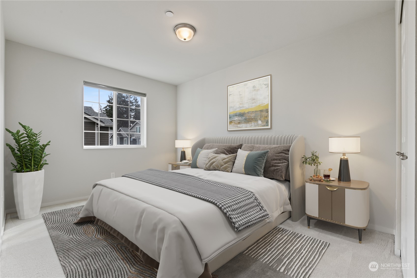 20734 76th Avenue West, Unit D Edmonds, WA 98026 - Photo 24 of 32 a bedroom with a large bed a potted plant and a window