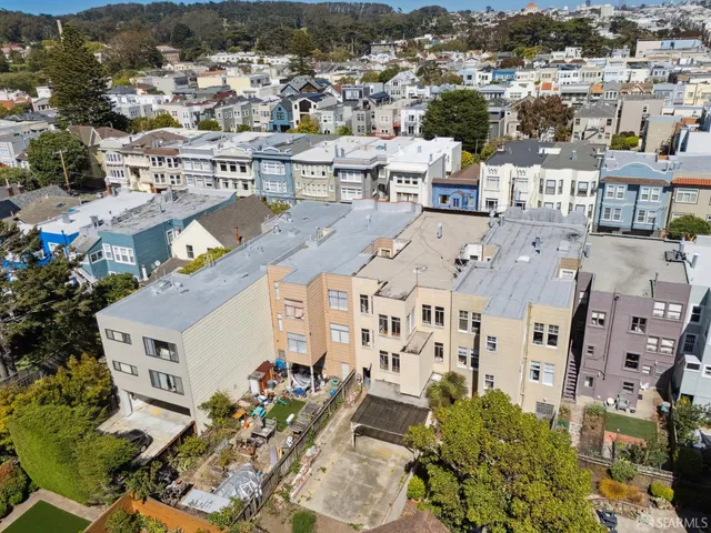 an aerial view of multiple building