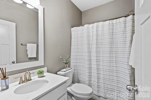 a bathroom with a sink a toilet and shower curtain