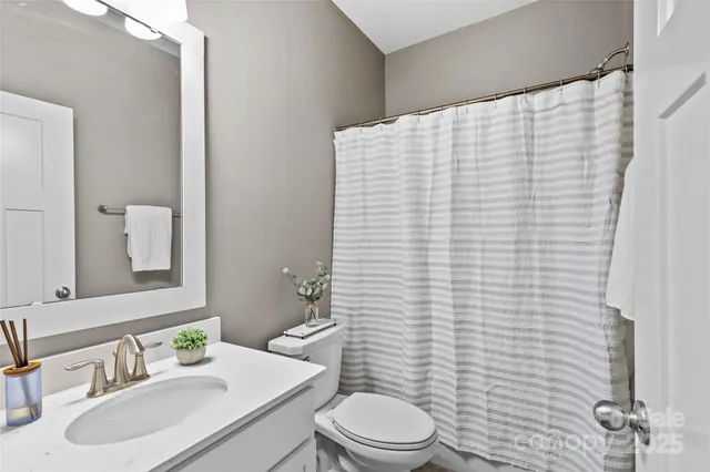 a bathroom with a sink a toilet and shower curtain