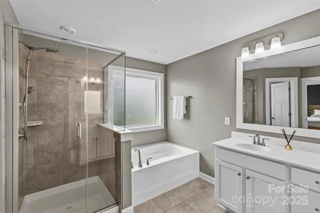 a bathroom with a double vanity sink mirror and shower