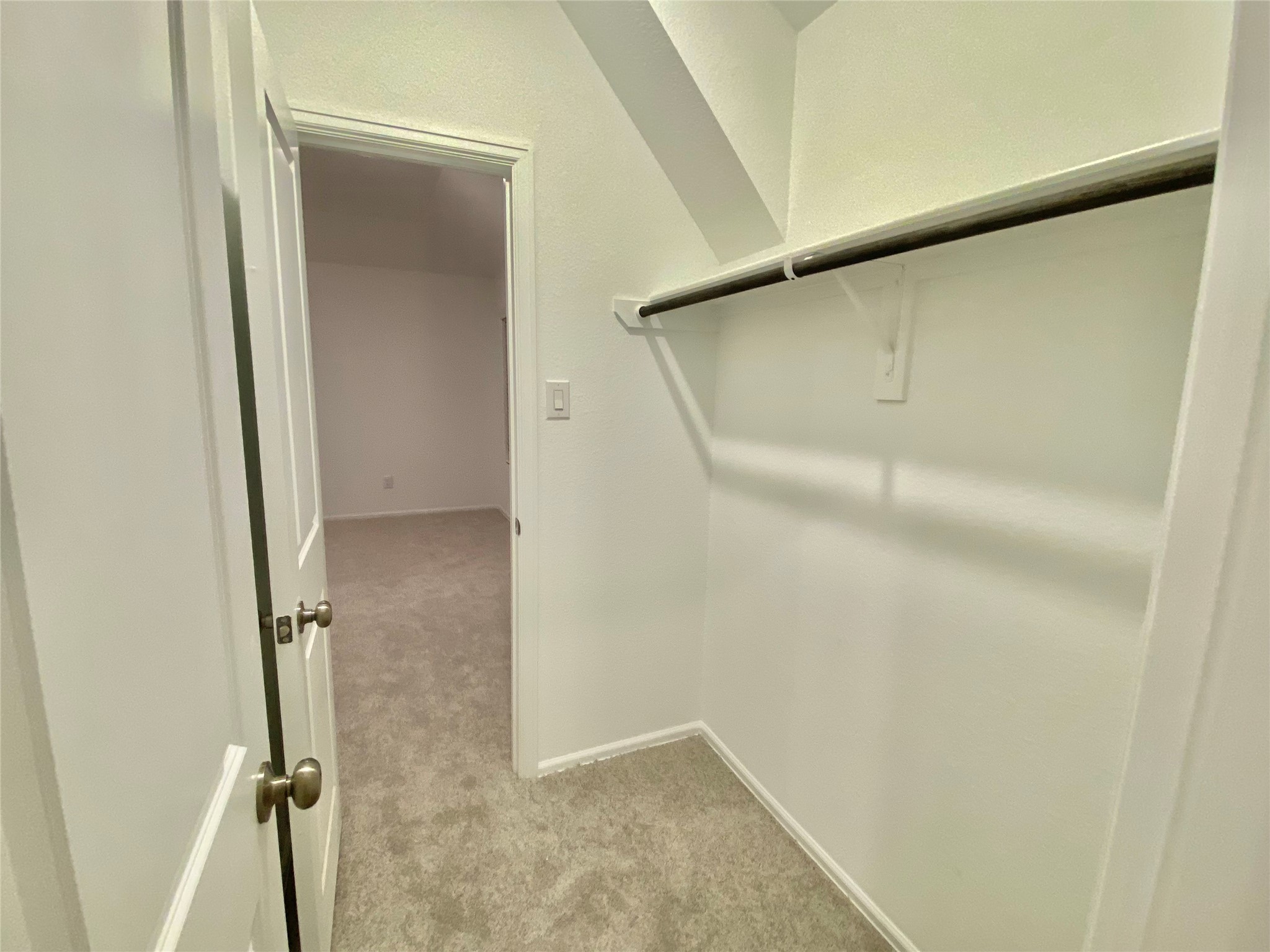 3724 Moss Hl Road Rosenberg, TX 77469 - Photo 18 of 29 This photo shows a walk-in closet with clean, light-colored walls and carpeted flooring. It features a single hanging rod and shelf for storage. The closet is accessed through a door leading to a room with similar carpeting.
