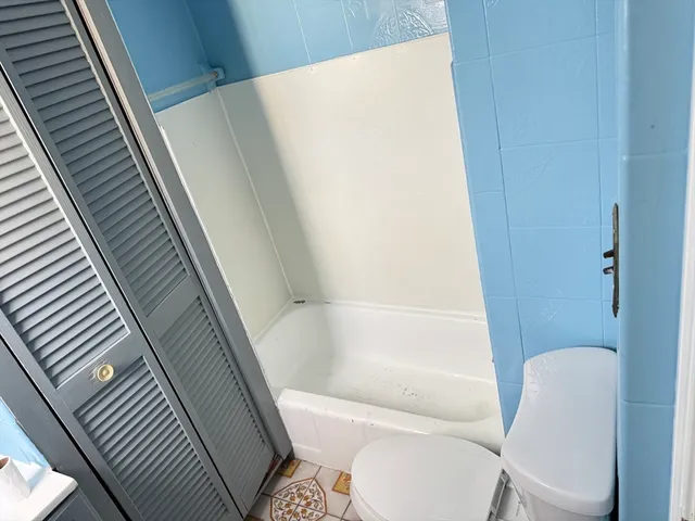 a bathroom with a toilet and a bathtub