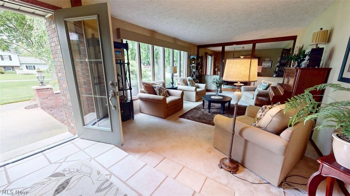 3985 Wiers Road Willard, OH 44890 - Photo 9 of 50 Light-filled living area featuring extensive window walls, beige carpeting, and a full-light glass entry door