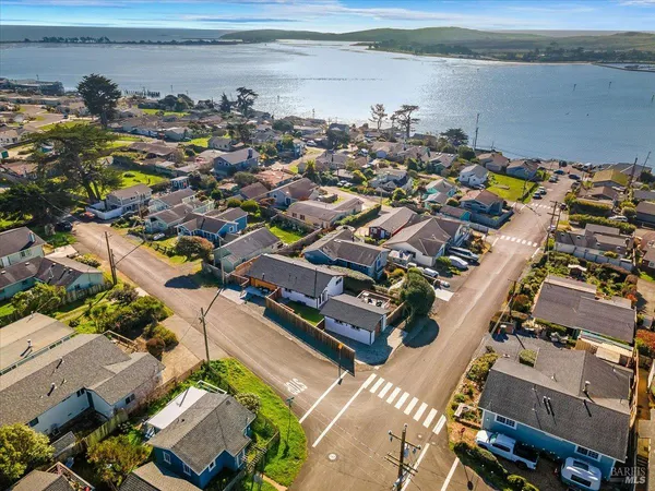 an aerial view of a building with outdoor space