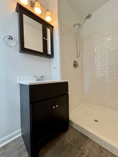 a bathroom with a sink a mirror and a shower