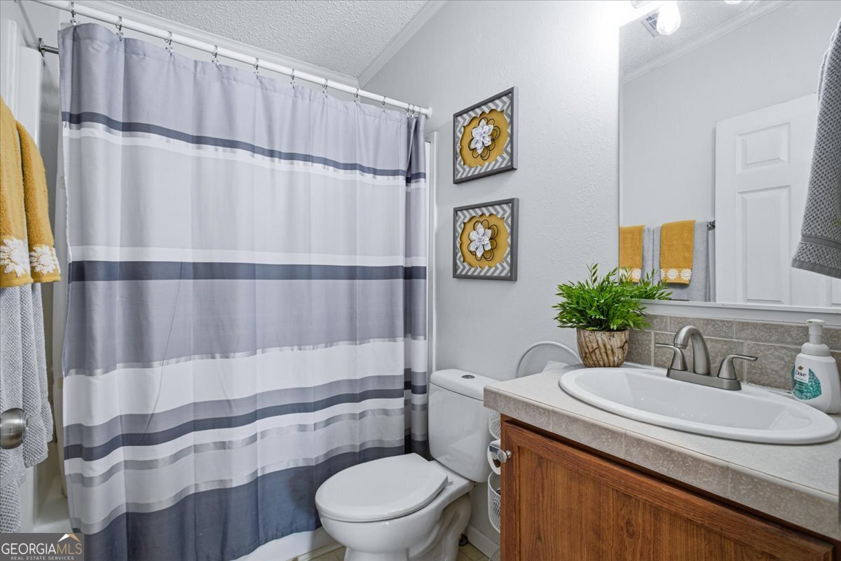 266 Payton Road Griffin, GA 30223 - Photo 22 of 48 a bathroom with a sink a toilet and shower curtain