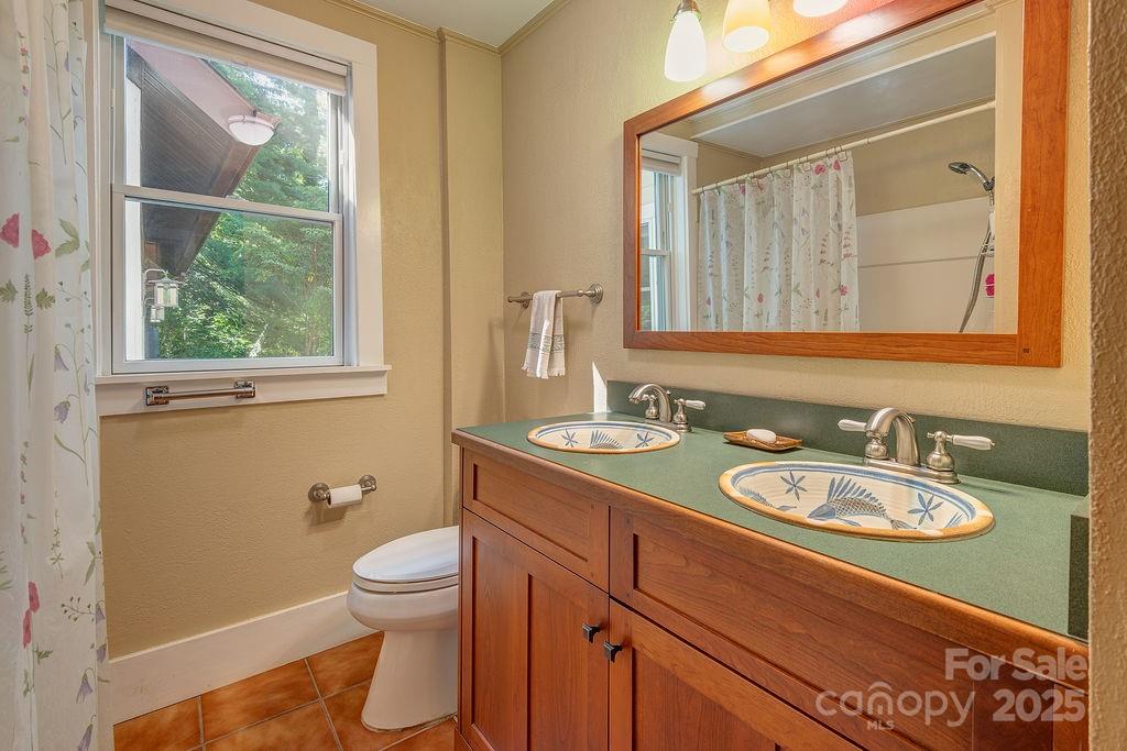 54 Spooks Branch Road Asheville, NC 28804 - Photo 21 of 41 a bathroom with a granite countertop toilet a sink a mirror and a window