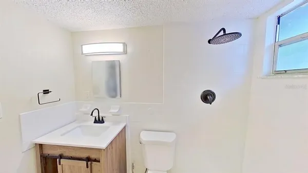 a bathroom with a sink toilet and mirror