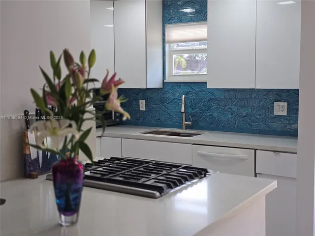a kitchen with a potted plant on the counter and cabinets