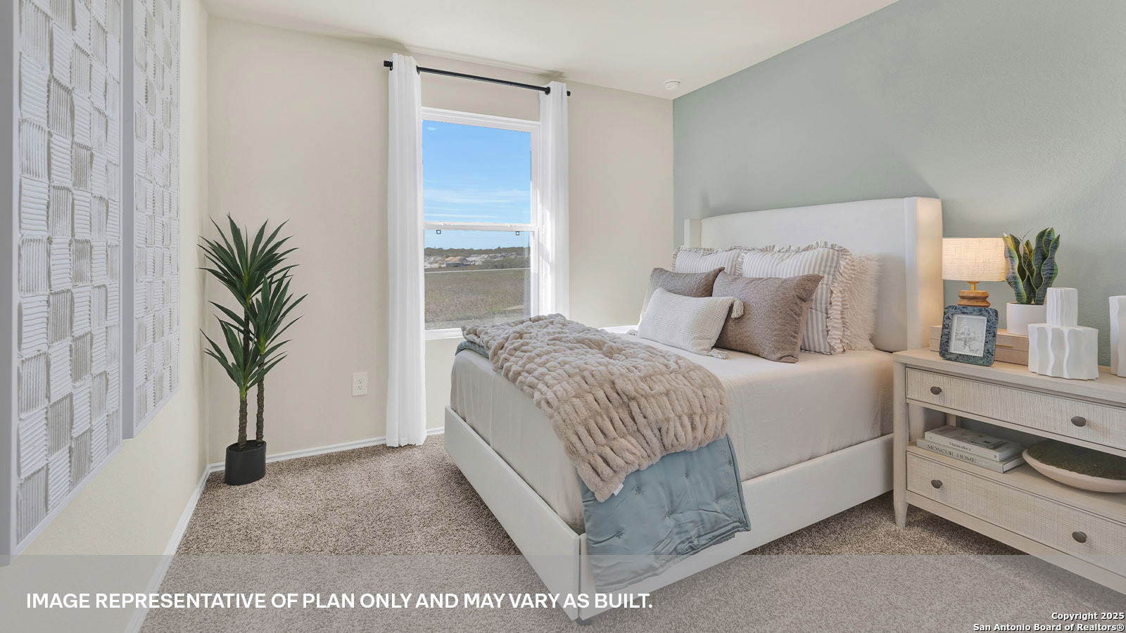 482 Low Pasture Trail Maxwell, TX 78656 - Photo 13 of 35 a bedroom with a large bed and a potted plant on the dresser