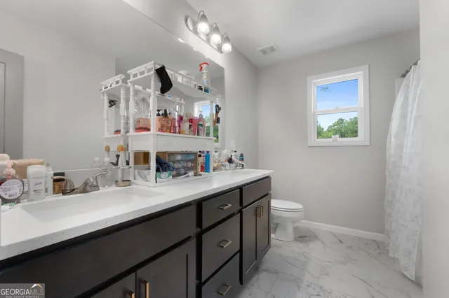 a bathroom with a double vanity sink mirror and toilet
