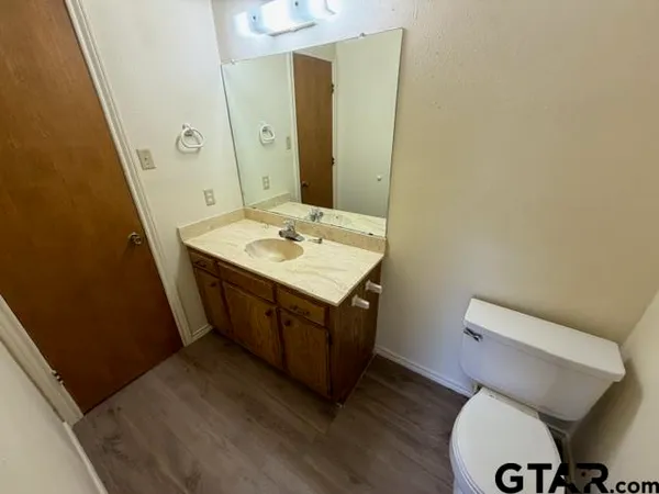 a bathroom with a sink toilet and mirror
