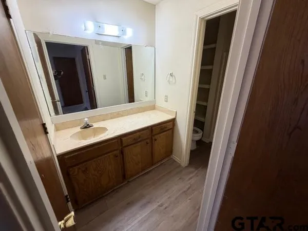 a bathroom with a sink a toilet and a mirror
