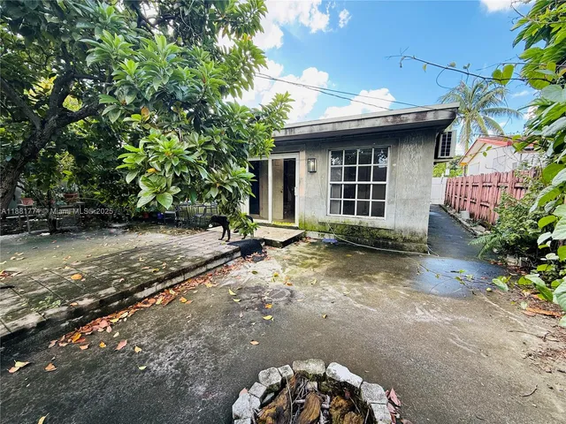 a view of a house with a small yard plants and a large tree