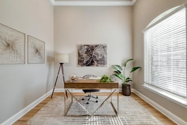 a view of a workspace with furniture and a potted plant