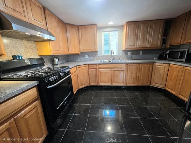 a kitchen with granite countertop a stove a sink a refrigerator and cabinets