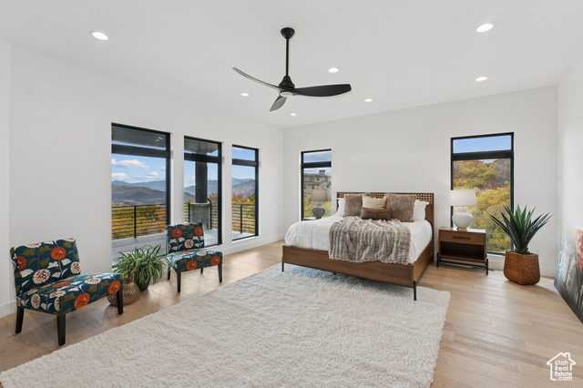 2280 East Outlaw Road, Unit 56 Kamas, UT 84036 - Photo 22 of 59 Bedroom featuring a mountain view, recessed lighting, light wood finished floors, and a ceiling fan
