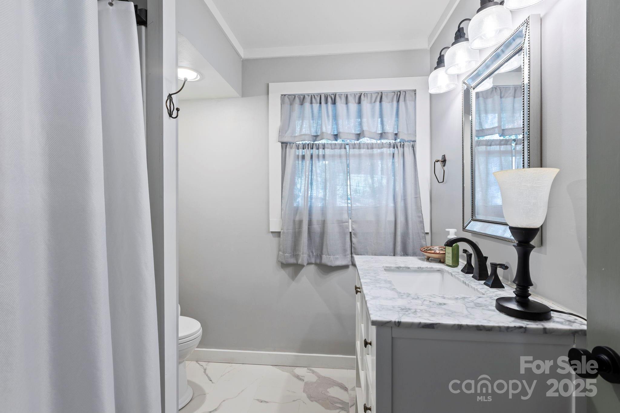 2149 Williamson Creek Road Pisgah Forest, NC 28768 - Photo 18 of 38 a bathroom with a granite countertop sink toilet and shower