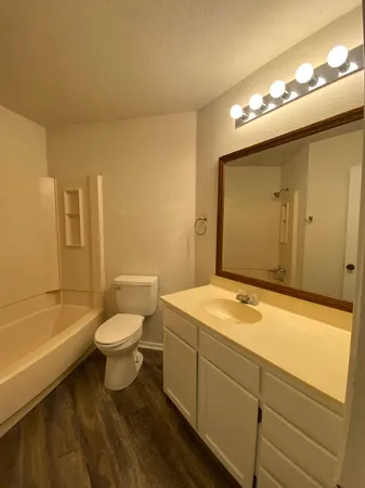 a bathroom with a sink a toilet and bathtub