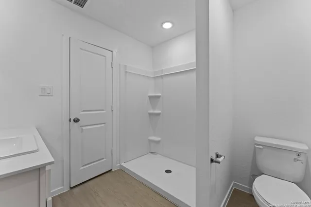 a bathroom with a shower and toilet