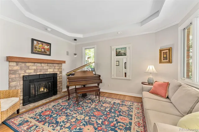 a living room with furniture a rug and a fireplace