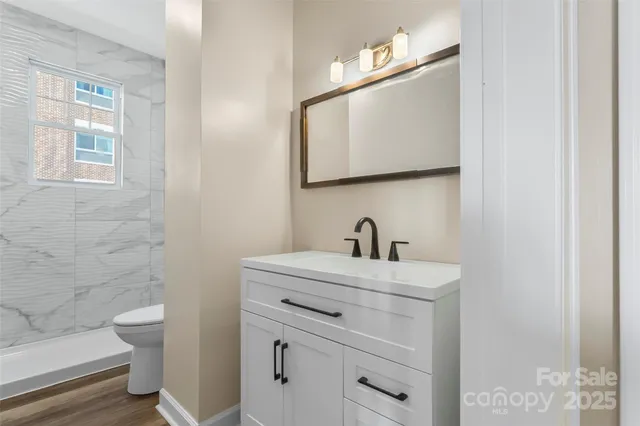 a bathroom with a toilet a sink a mirror and a shower