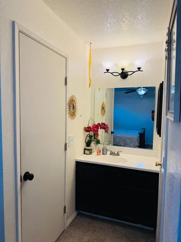 a bathroom with a sink vanity and a mirror