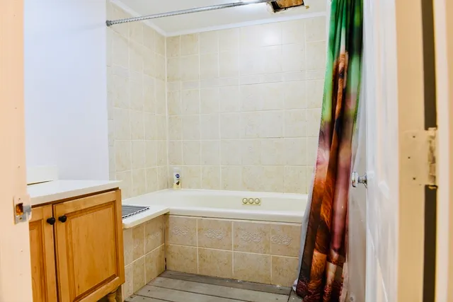 a bathroom with a bathtub and a shower