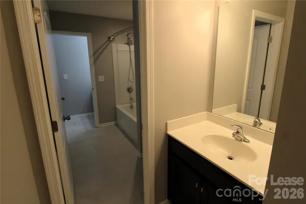 a bathroom with a sink vanity and a mirror