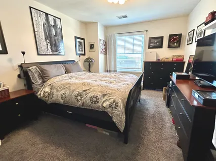 a bedroom with a bed and a flat screen tv