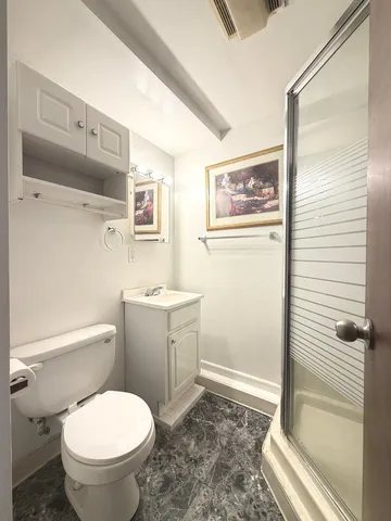 a bathroom with a toilet and a shower
