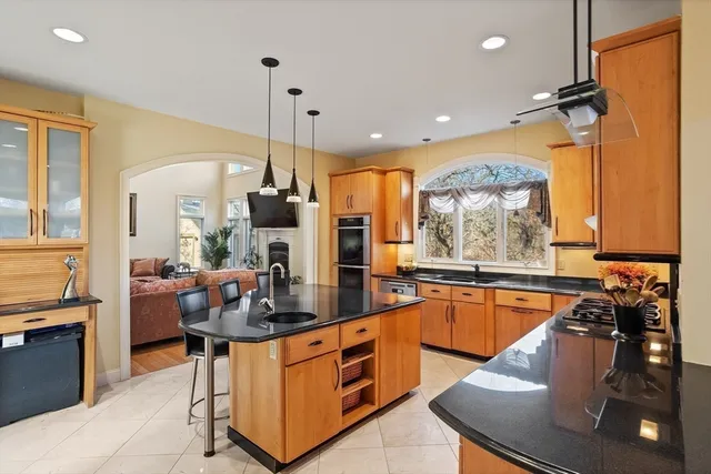 a kitchen with stainless steel appliances granite countertop a sink and a refrigerator