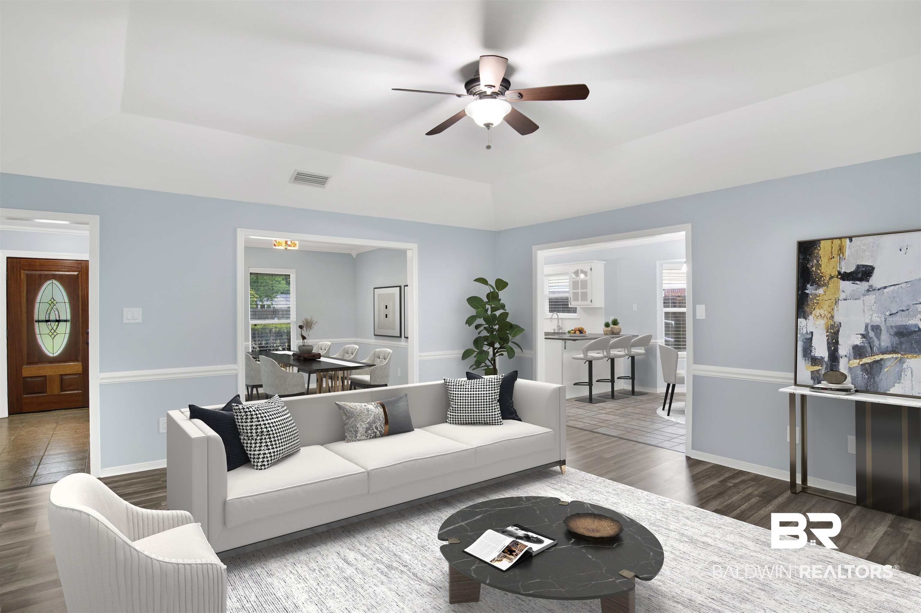 3011 Olde Gate Road Mobile, AL 36695 - Photo 5 of 35 Living room with ceiling fan, wood finished floors, and a tray ceiling