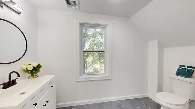 a bathroom with a sink a toilet and a mirror
