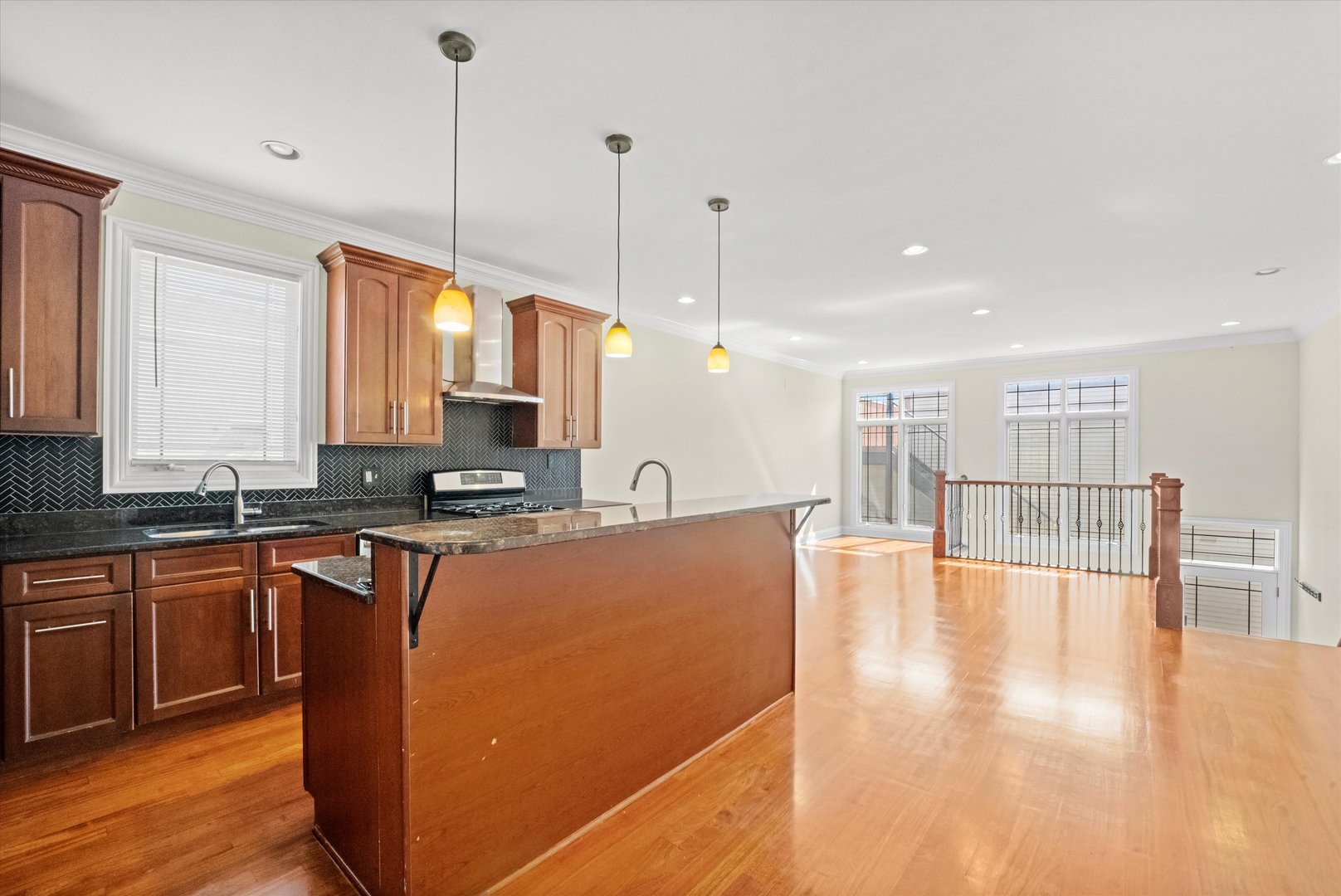 2415 West Palmer Street Chicago, IL 60647 - Photo 4 of 23 a kitchen with stainless steel appliances granite countertop a sink a stove and a wooden floors