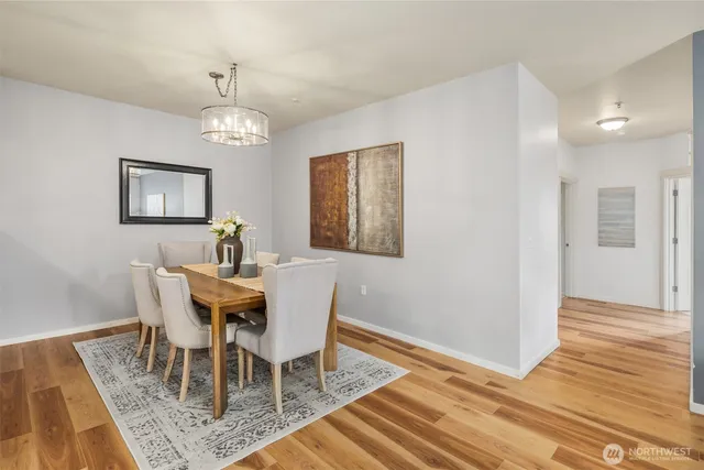 a view of a dining room with furniture