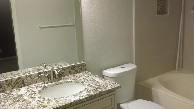 a bathroom with a granite countertop sink a toilet and a mirror