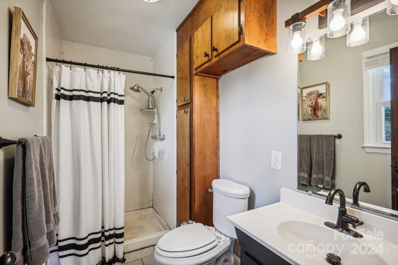 2362 Agony Acres Road Clover, SC 29710 - Photo 17 of 36 a bathroom with a sink a toilet a mirror and shower curtain