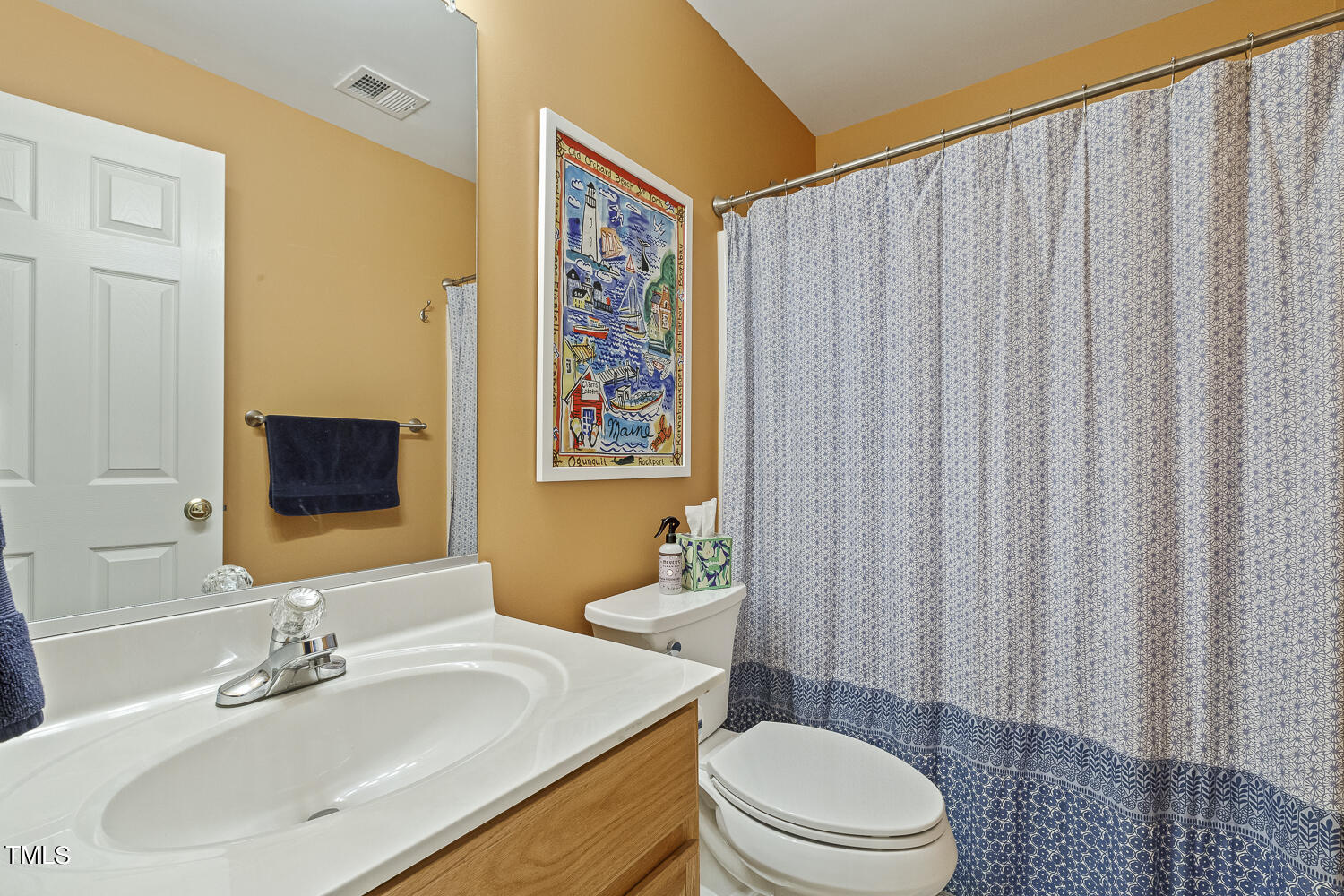 1001 Lake Moraine Place Raleigh, NC 27607 - Photo 32 of 37 a bathroom with a sink a toilet and shower curtain