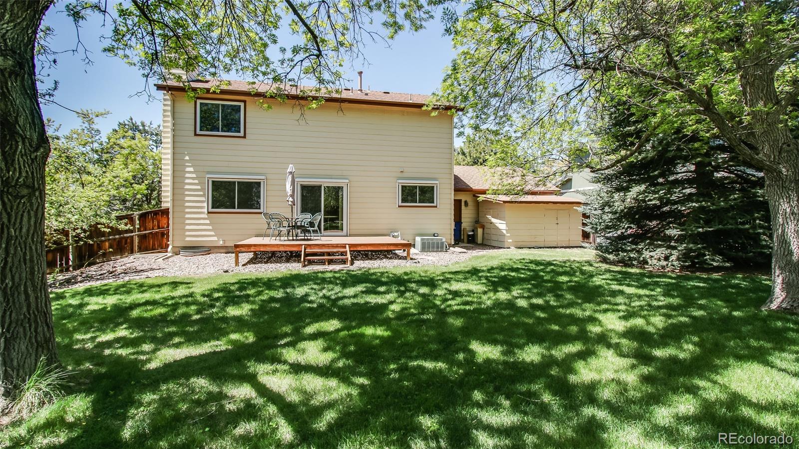 82 Prairie Ridge Road Highlands Ranch, CO 80126 - Photo 25 of 29 a backyard of a house with table and chairs under an umbrella