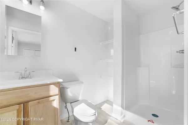 a bathroom with a sink a toilet and shower