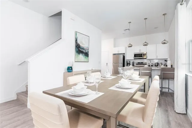 a view of a dining room with furniture