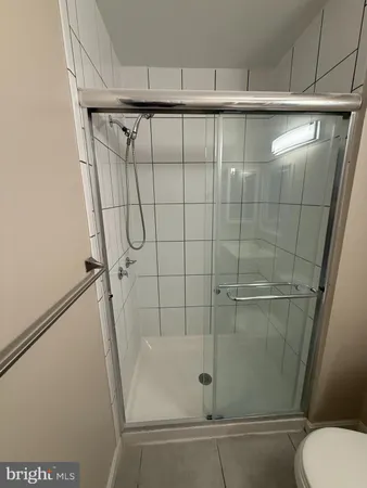 a bathroom with a shower and toilet