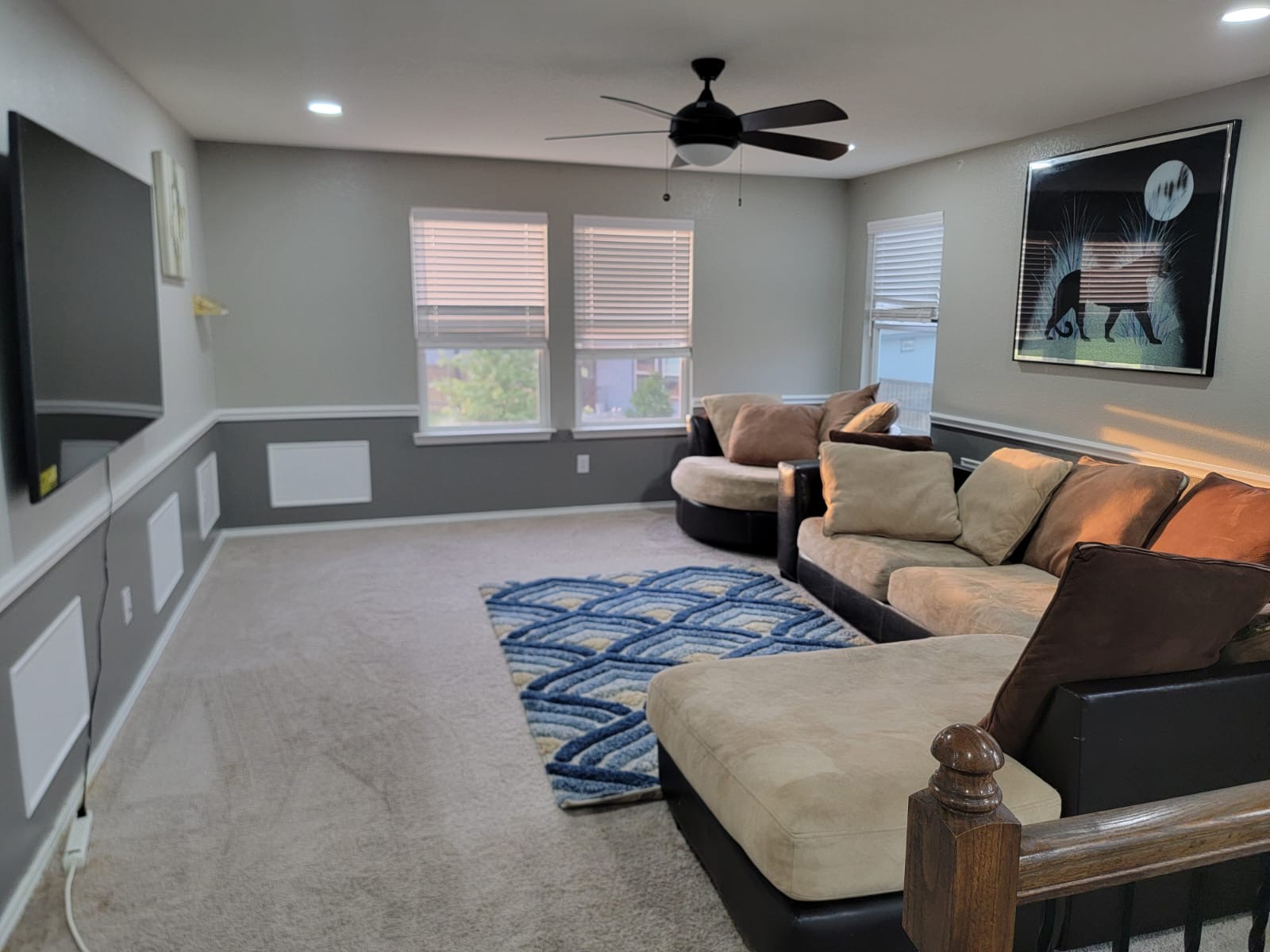 429 Unforgiven Lane Jarrell, TX 76537 - Photo 8 of 10 Carpeted living area featuring a two-tone wall with wainscoting, recessed lighting, and a ceiling fan
