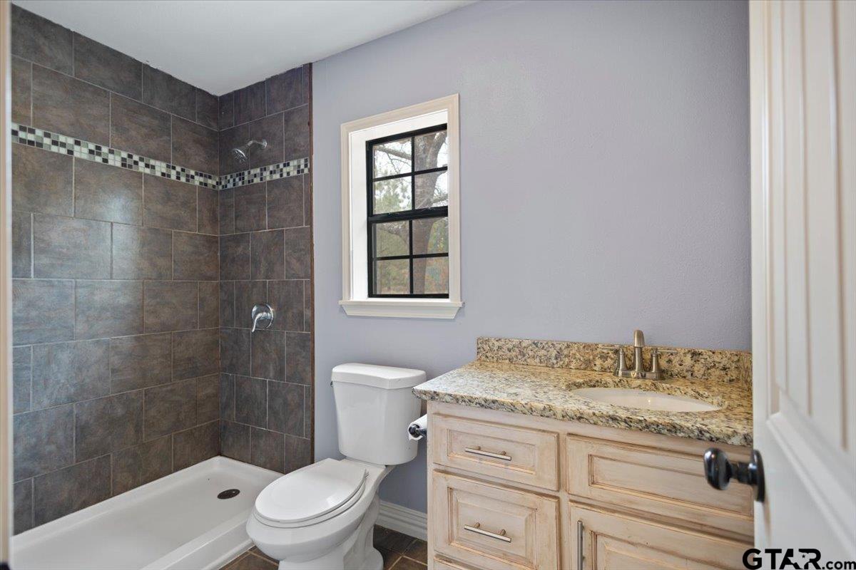 14733 County Road 384 Tyler, TX 75708 - Photo 16 of 38 a bathroom with a granite countertop sink a mirror a toilet and shower