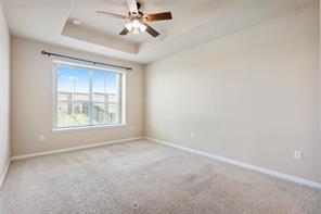 407 Epiphany Lane Pflugerville, TX 78660 - Photo 8 of 29 Unfurnished room featuring carpet flooring, a ceiling fan, and a raised ceiling