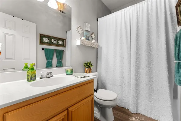 a bathroom with a sink a toilet and shower curtain