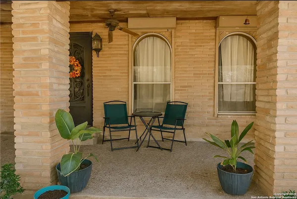 a potted plant sitting in front of a door