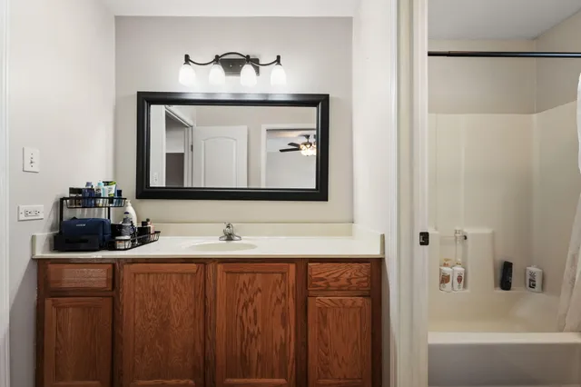 a bathroom with a sink and a mirror